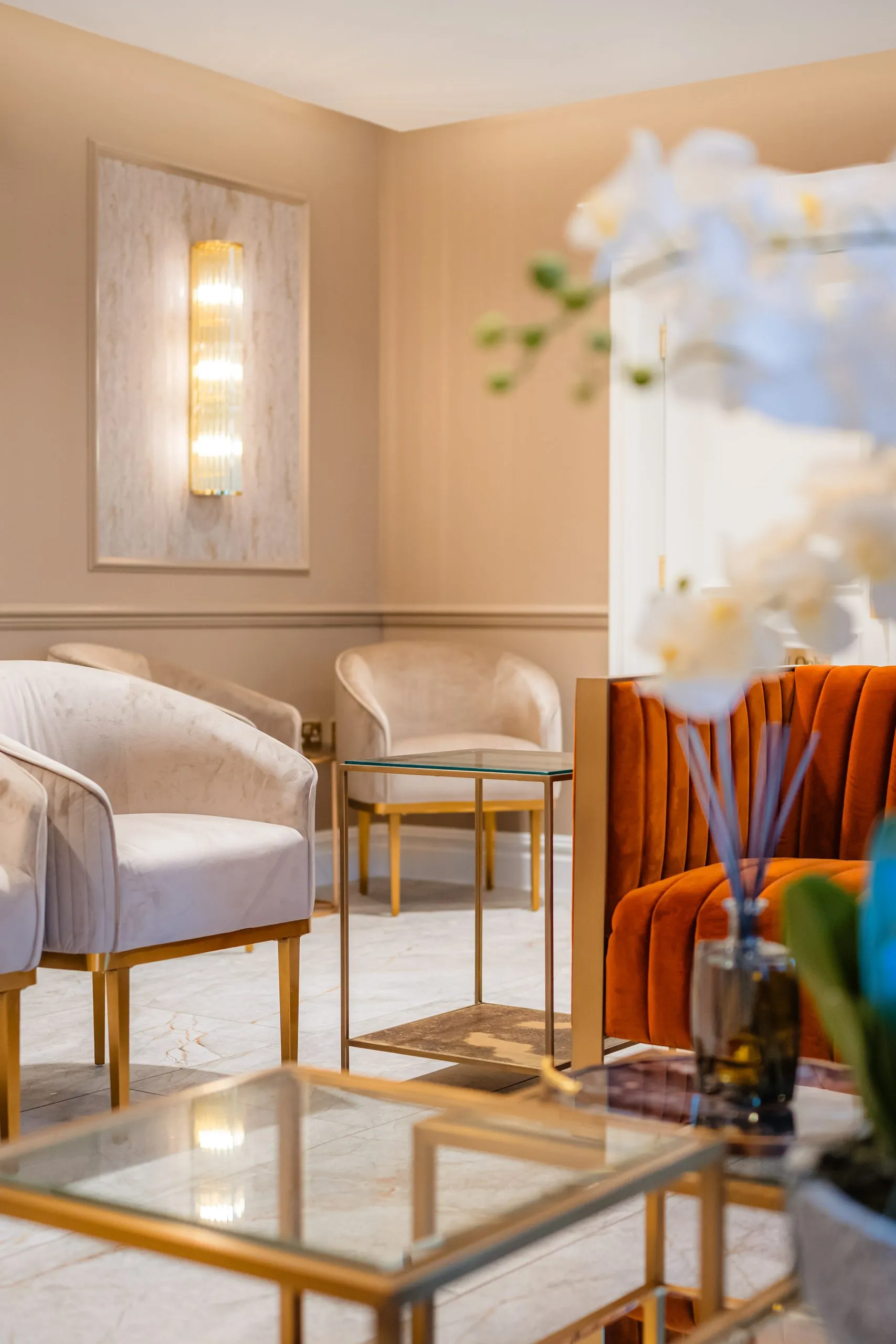 Velvet armchairs in the waiting area at Bromsgrove Dental Specialists
